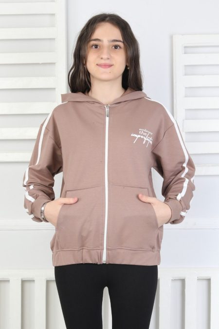 Kapüşonlu Fermuarlı Baskılı Kız Çocuk Kahverengi Sweatshirt