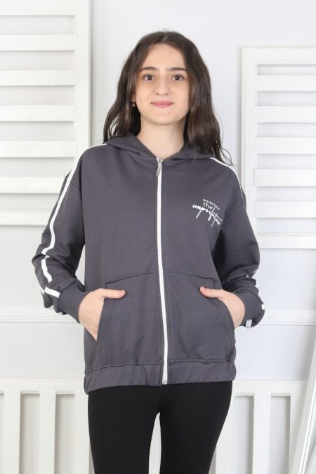 Kapüşonlu Fermuarlı Baskılı Kız Çocuk Antrasit Sweatshirt