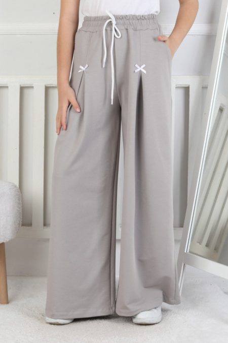 Bol Paça Cepli Baskılı Kız Çocuk Gri Eşofman Altı