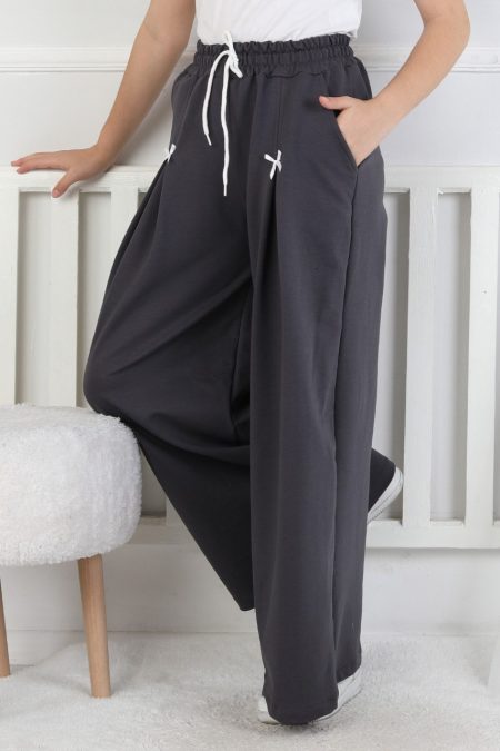 Bol Paça Cepli Baskılı Kız Çocuk Antrasit Eşofman Altı