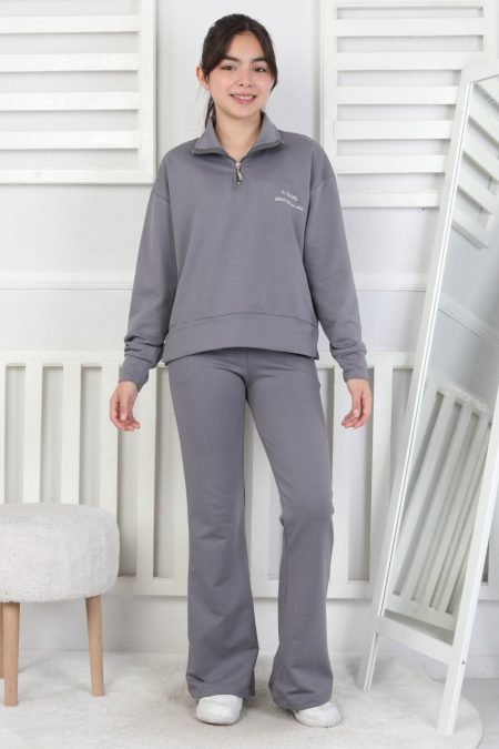 İki İplik Arkası Baskılı Yarım Fermuarlı Gri Kız Çocuk İkili Takım