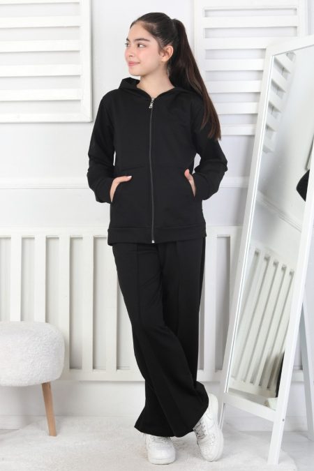İki İplik Kapüşonlu Fermuarlı Siyah Kız Çocuk İkili Takım