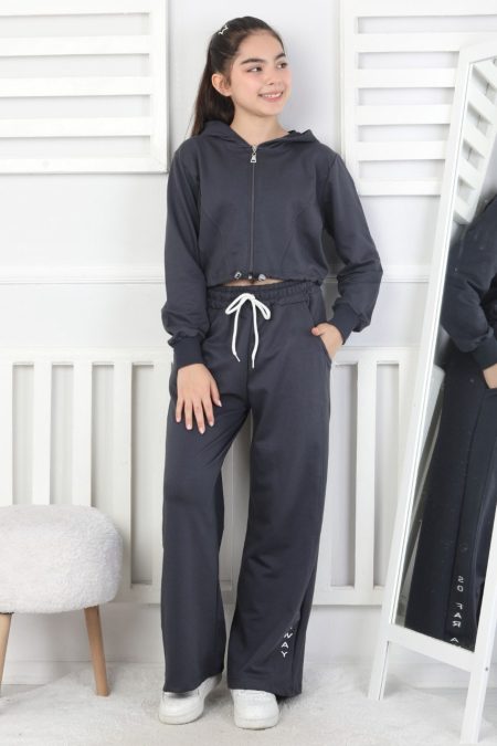 Kapüşonlu Fermuarlı Bol Paça Antrasit Kız Çocuk İkili Takım