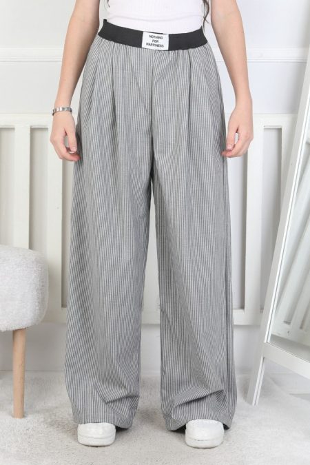 Bol Paça Dik Çizgili Kız Çocuk Gri Eşofman Altı