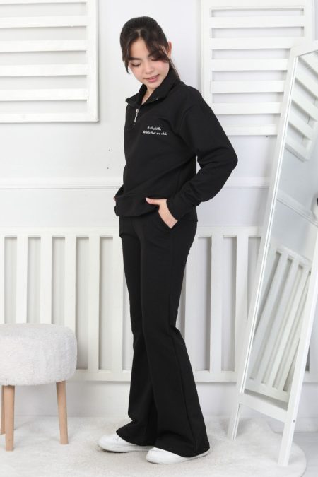 İki İplik Arkası Baskılı Yarım Fermuarlı Siyah Kız Çocuk İkili Takım