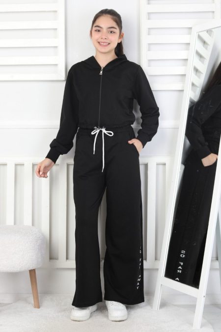 Kapüşonlu Fermuarlı Bol Paça Siyah Kız Çocuk İkili Takım
