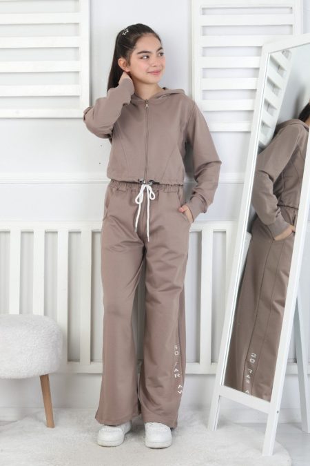 Kapüşonlu Fermuarlı Bol Paça Kahverengi Kız Çocuk İkili Takım