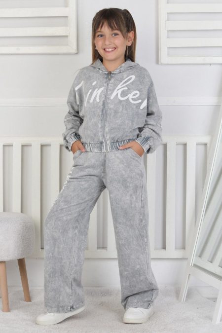 Yıkamalı Kapüşonlu Baskılı Gri Kız Çocuk İkili Takım