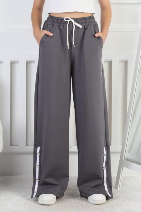 İki İplik Çıtçıtlı Bol Paça Kız Çocuk Gri Eşofman Altı