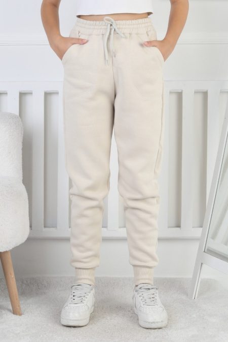 Şardonlu 3 İplik Düz Kız Çocuk Bej Eşofman Altı