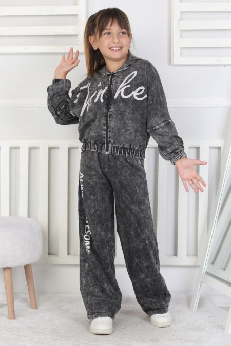 Yıkamalı Kapüşonlu Baskılı Kız Çocuk Siyah İkili Takım