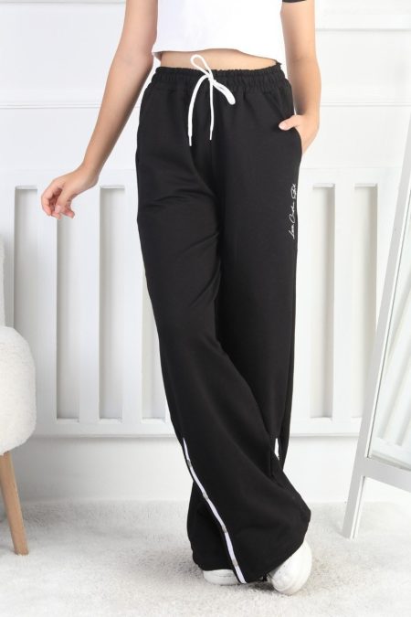 İki İplik Çıtçıtlı Bol Paça Kız Çocuk Siyah Eşofman Altı