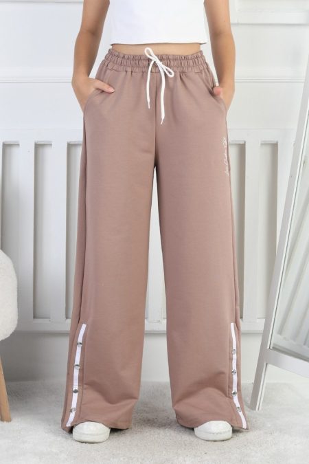 İki İplik Çıtçıtlı Bol Paça Kız Çocuk Kahverengi Eşofman Altı