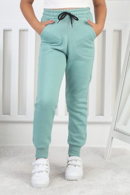 Şardonlu 3 İplik Düz Kız Çocuk Yeşil Eşofman Altı