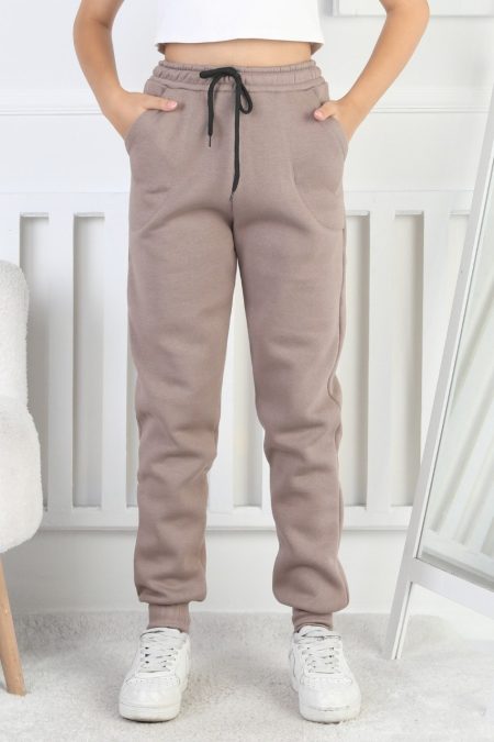 Şardonlu 3 İplik Düz Kız Çocuk Kahverengi Eşofman Altı