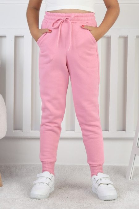 Şardonlu 3 İplik Düz Kız Çocuk Pembe Eşofman Altı