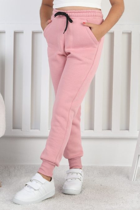 Şardonlu 3 İplik Düz Kız Çocuk Pudra Rengi Eşofman Altı