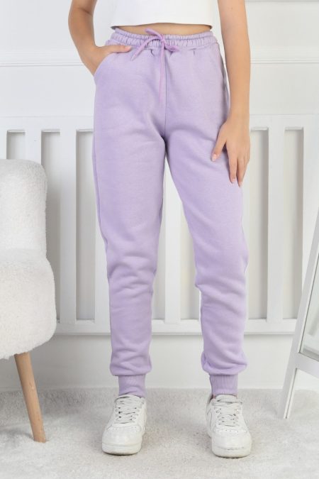 Şardonlu 3 İplik Düz Kız Çocuk Lila Eşofman Altı