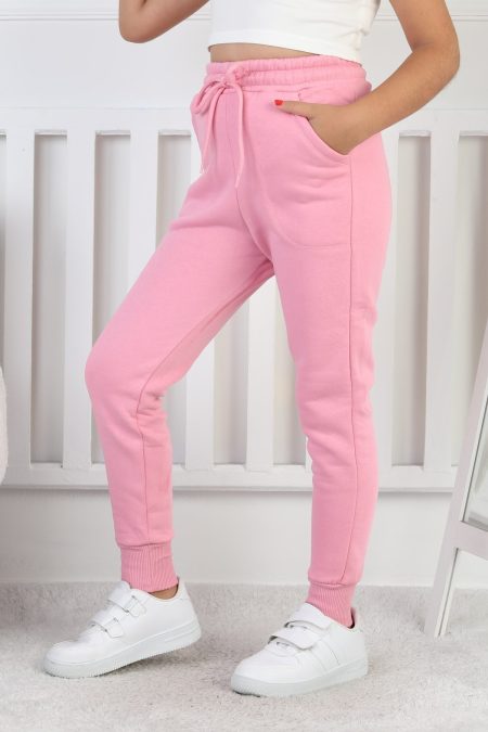 Şardonlu 3 İplik Düz Kız Çocuk Pembe Eşofman Altı