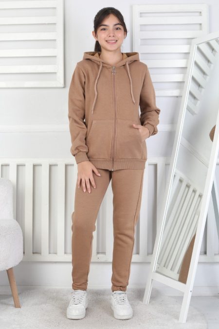 Şardonlu 3 İplik Kapşonlu Kız Çocuk Kahverengi İkili Takım