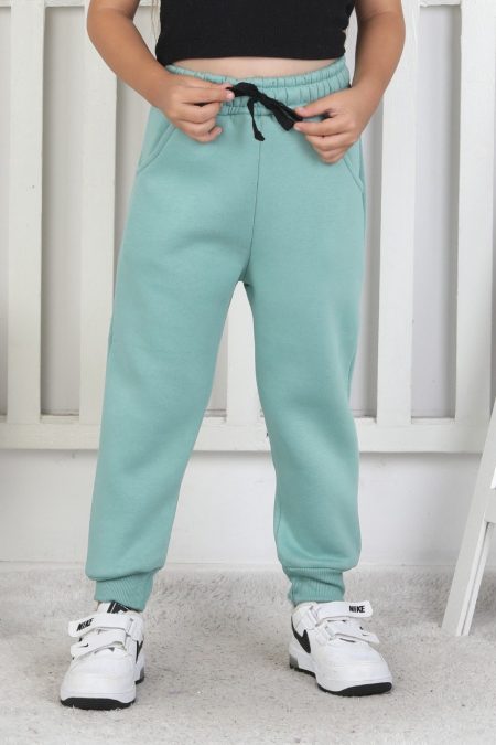 Şardonlu 3 İplik Düz Kız Çocuk Yeşil Eşofman Altı