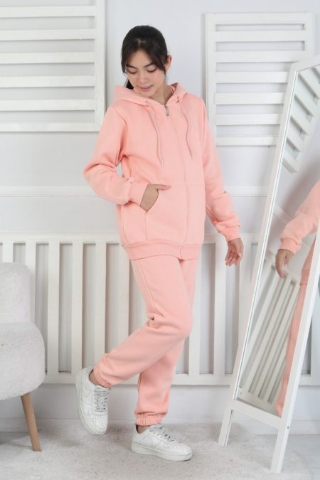 Şardonlu 3 İplik Kapşonlu Kız Çocuk Pudra İkili Takım