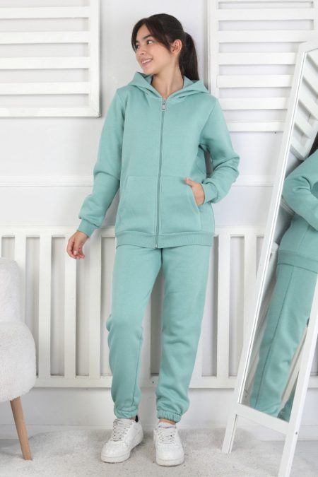 Şardonlu 3 İplik Kapşonlu Kız Çocuk Mint Yeşili İkili Takım