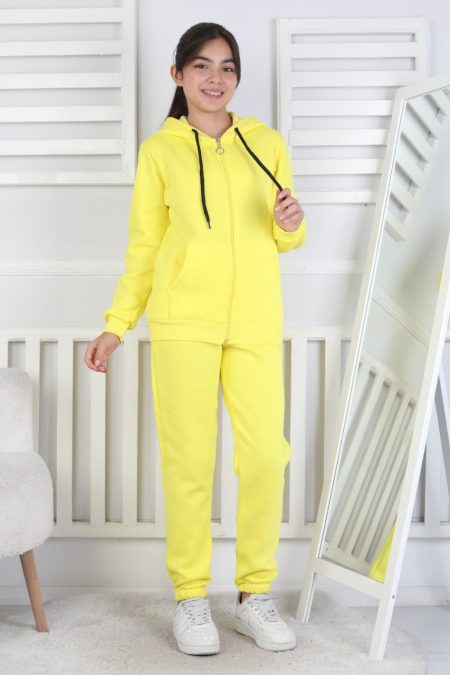 Şardonlu 3 İplik Kapşonlu Kız Çocuk Sarı İkili Takım