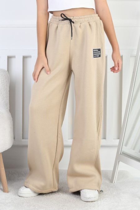 Şardonlu 3 İplik Paça Sıkmalı Kız Çocuk Bej Eşofman Altı