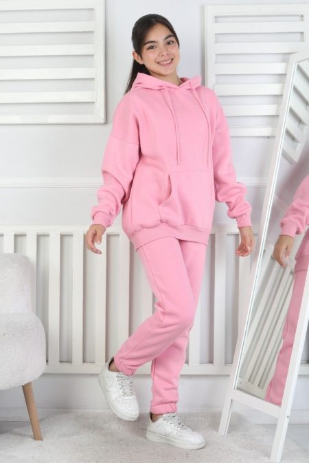 Şardonlu 3 İplik Kapşonlu Kız Çocuk Pembe İkili Takım