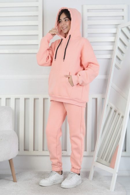 Şardonlu 3 İplik Kapşonlu Kız Çocuk Pudra İkili Takım