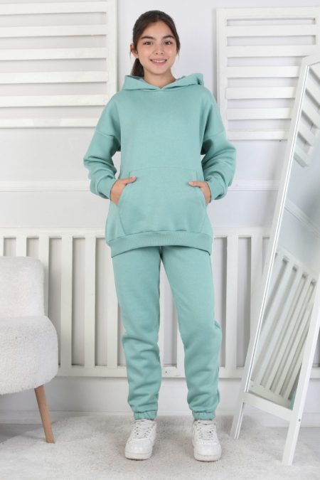 Şardonlu 3 İplik Kapşonlu Mint Yeşili Kız Çocuk İkili Takım