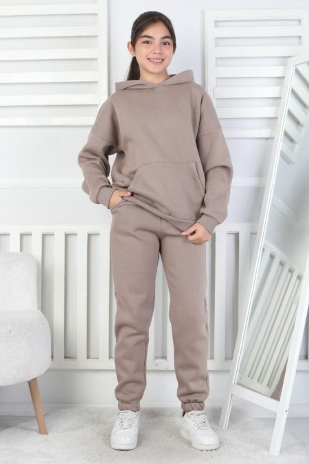 Şardonlu 3 İplik Kapşonlu Vizon Kız Çocuk İkili Takım