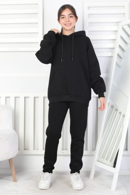 Şardonlu 3 İplik Kapşonlu Siyah Kız Çocuk İkili Takım