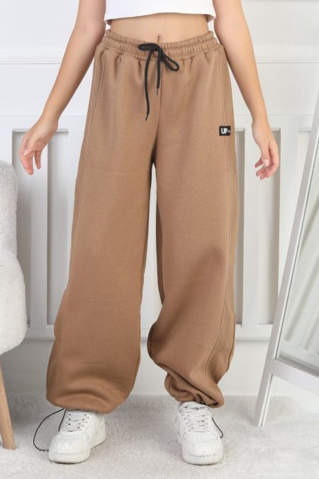 Şardonlu 3 İplik Paça Sıkmalı Kız Çocuk Kahverengi Eşofman Altı