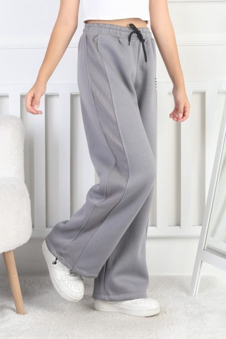 Şardonlu 3 İplik Paça Sıkmalı Kız Çocuk Gri Eşofman Altı