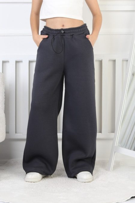 Şardonlu 3 İplik Paça Sıkmalı Kız Çocuk Siyah Eşofman Altı