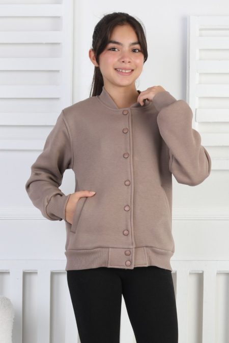 Şardonlu 3 İplik Çıtçıtlı Kız Çocuk  Kahverengi Sweatshirt
