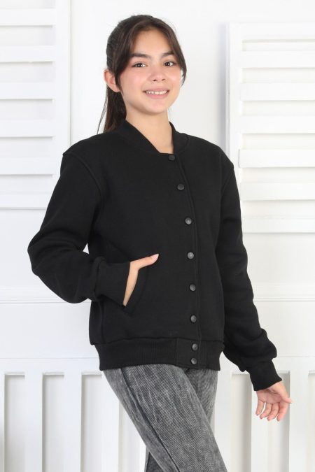 Şardonlu 3 İplik Çıtçıtlı Kız Çocuk Siyah Sweatshirt