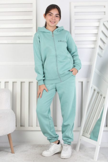 Şardonlu 3 İplik Kapşonlu Baskılı Yeşil Kız Çocuk İkili Takım