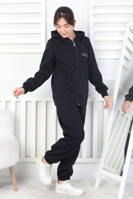 Şardonlu 3 İplik Kapşonlu Baskılı Kız Çocuk Lacivert İkili Takım