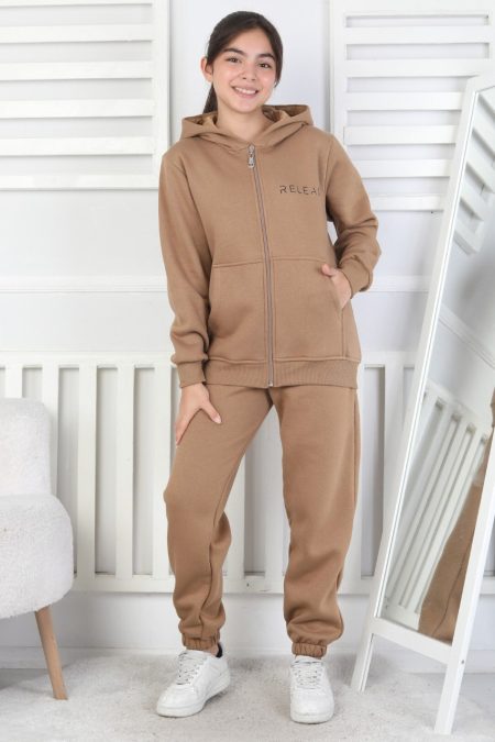 Şardonlu 3 İplik Kapşonlu Baskılı Kız Çocuk Kahverengi Takım