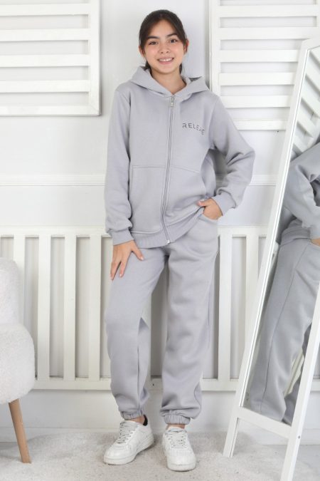 Şardonlu 3 İplik Kapşonlu Baskılı Kız Çocuk Gri Takım