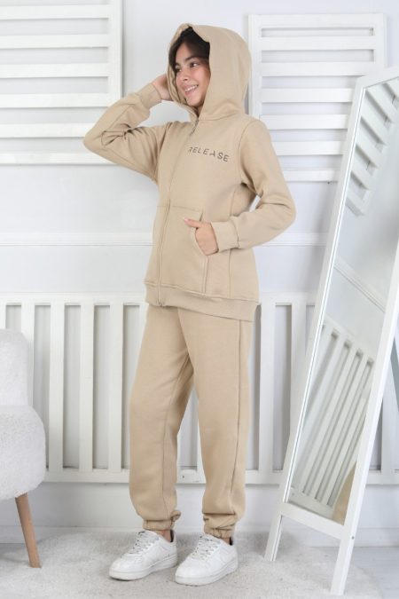 Şardonlu 3 İplik Kapşonlu Baskılı Kız Çocuk Bej Takım