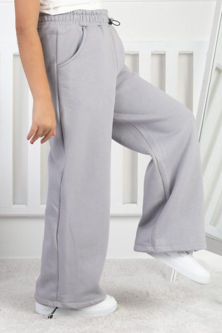 Şardonlu 3 İplik Paça Sıkmalı Kız Çocuk Gri Eşofman Altı