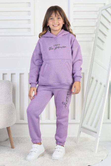 Şardonlu 3 İplik Baskılı Kız Çocuk Lila Takım