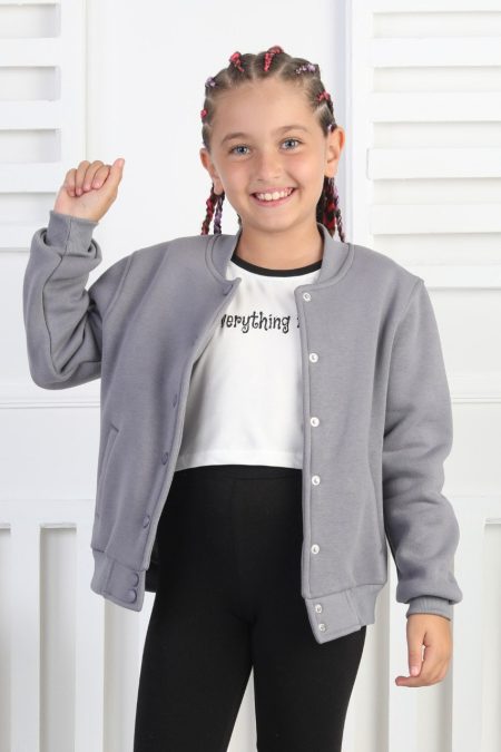 Şardonlu 3 İplik Çıtçıtlı Kız Çocuk Gri Sweatshirt