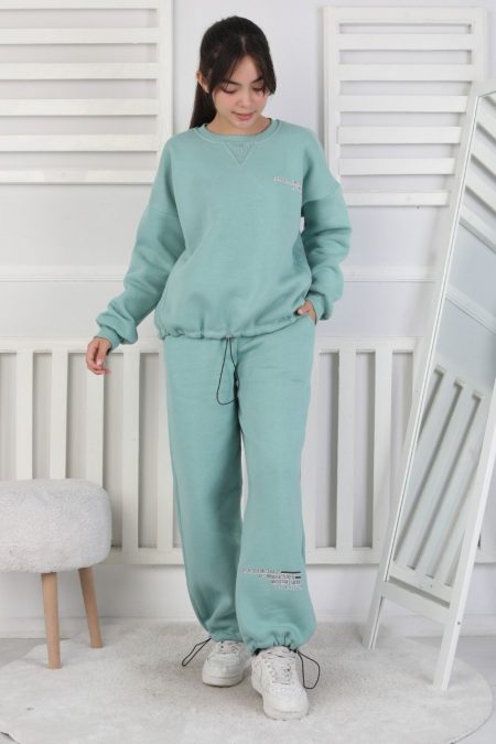 Şardonlu 3 İplik Lastikli Baskılı Kız Çocuk Yeşil Takım