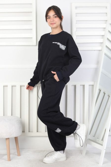 Şardonlu 3 İplik Lastikli Baskılı Lacivert Kız Çocuk İkili Takım