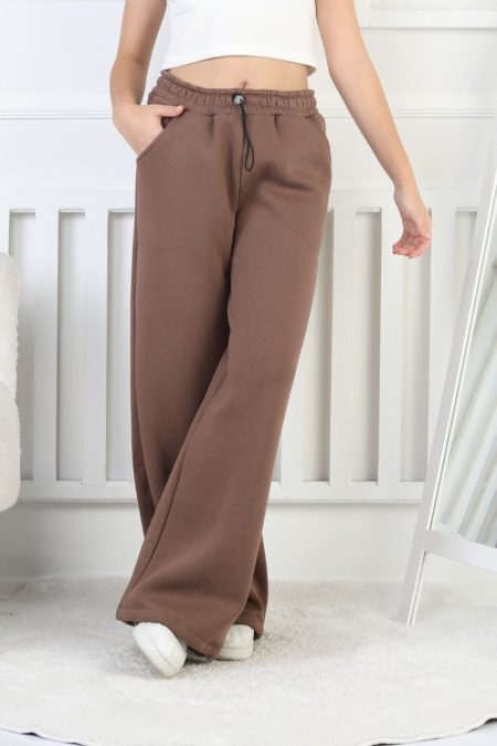 Şardonlu 3 İplik Paça Sıkmalı Kız Çocuk Kahverengi Eşofman Altı